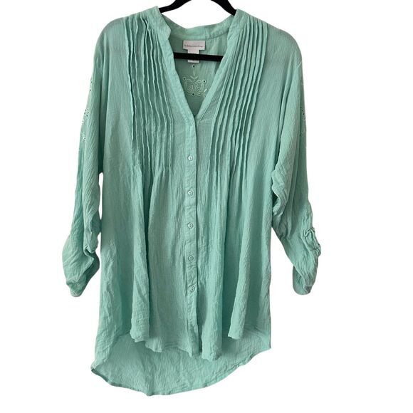 Soft Surroundings Seafoam Green Button Up Embroidered Cotton Tunic Size L - Picture 1 of 7